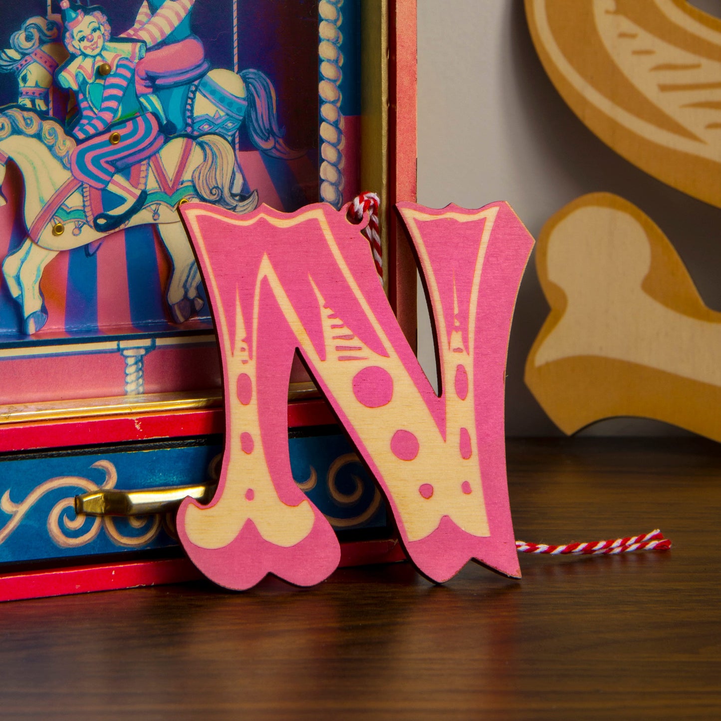 Wooden Circus Initial Christmas Decoration, personalised, vintage, funfair, retro, letter, carnival, laser cut unique halloween
