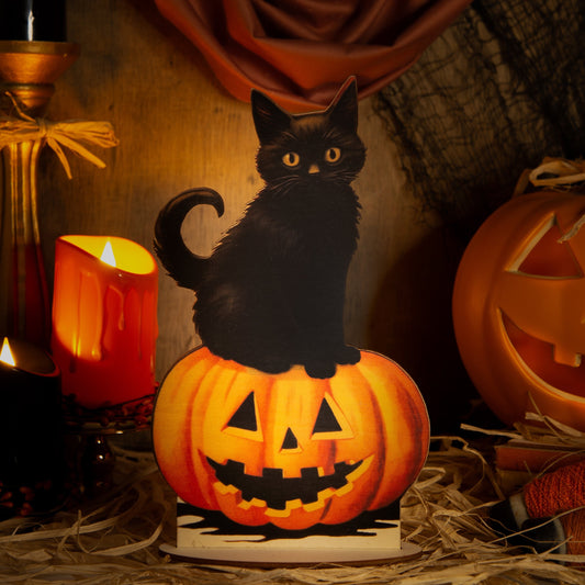 Halloween Vintage Decoration cat on Pumpkin wooden ornament, fall decor, halloween decor laser cut unique halloween decor