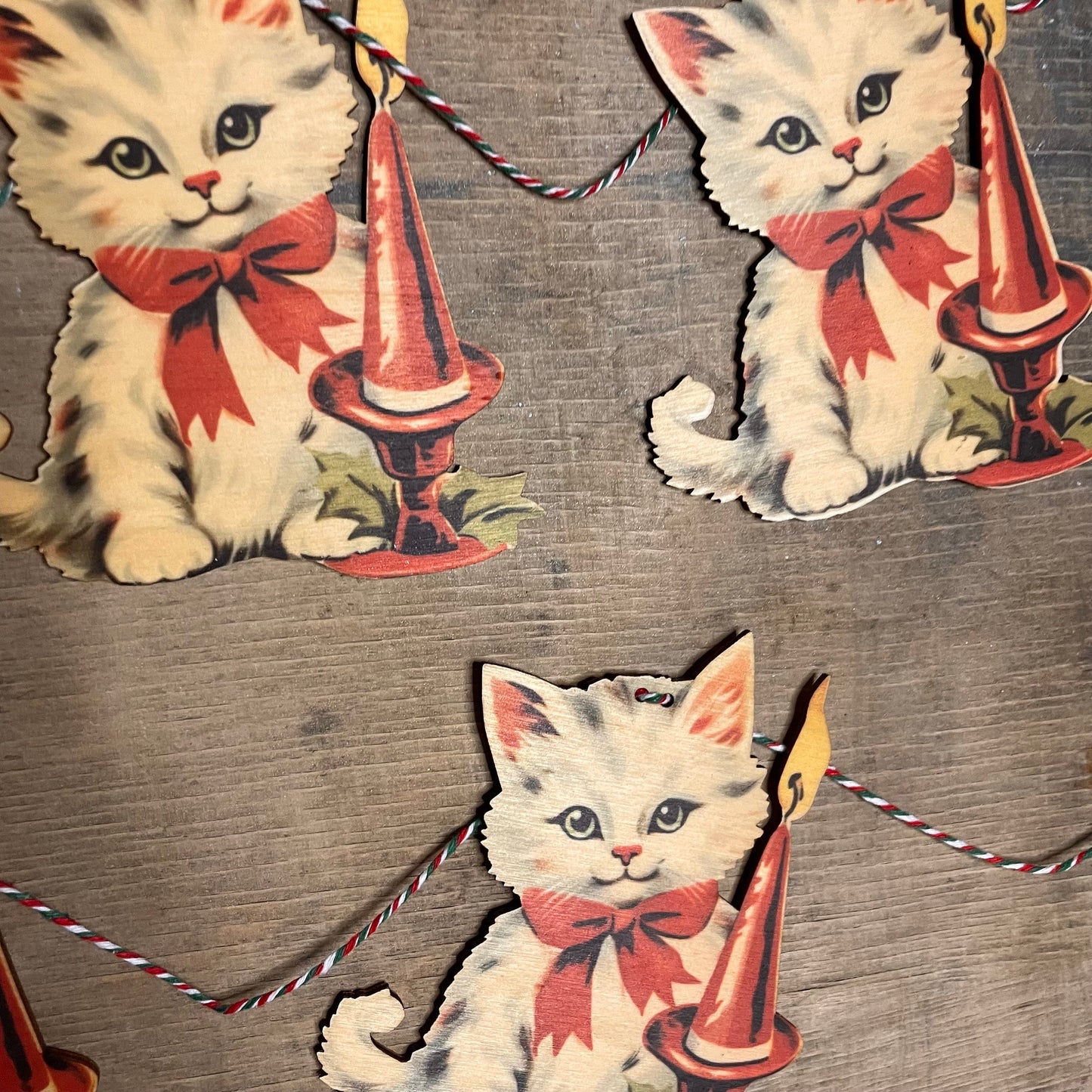 Christmas Cat Vintage bunting wooden Garland Decoration, retro santa, kitsch, reindeer, handmade wooden laser cut