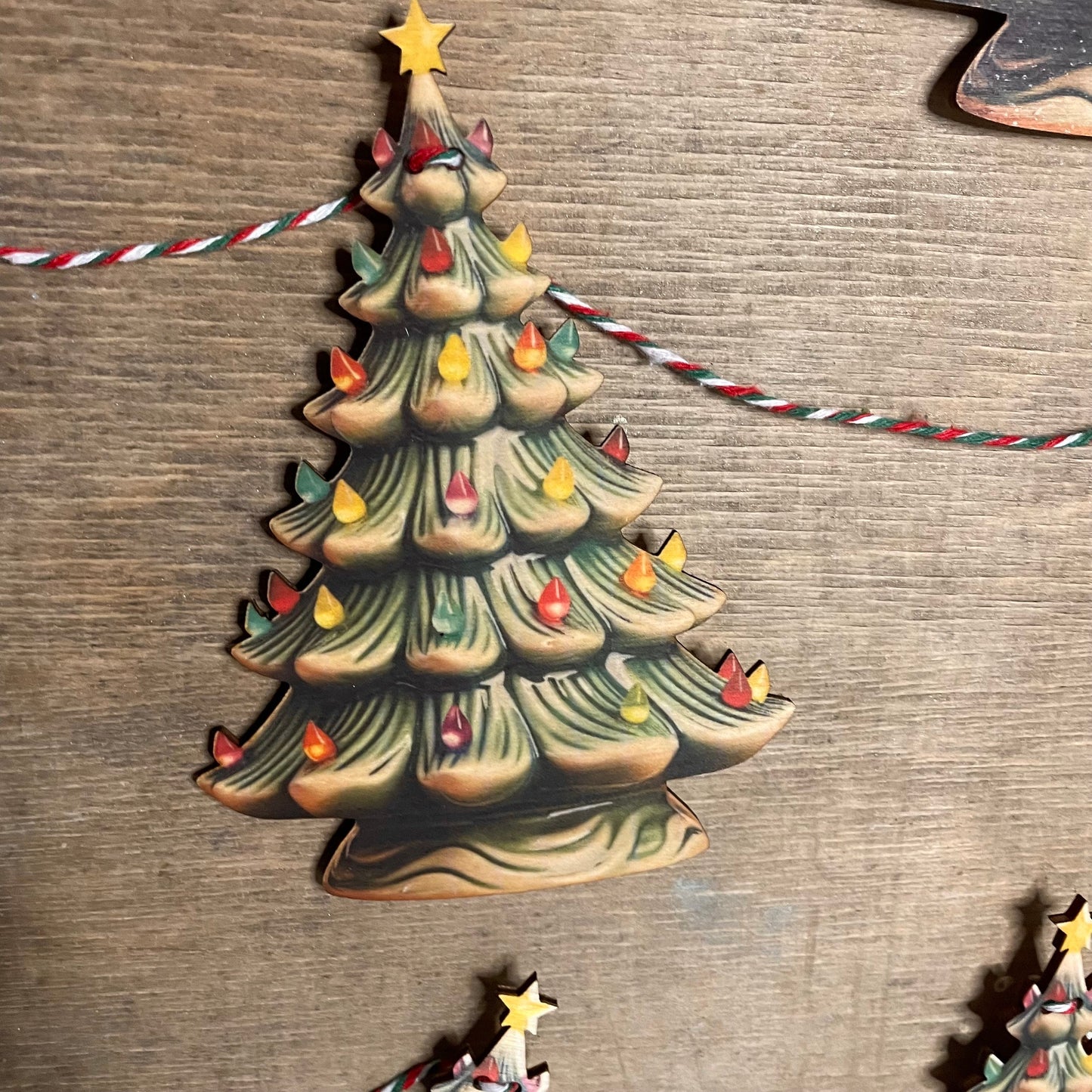 Christmas Vintage bunting wooden Garland Decoration ceramic style tree, retro, kitsch, reindeer, handmade wooden laser cut