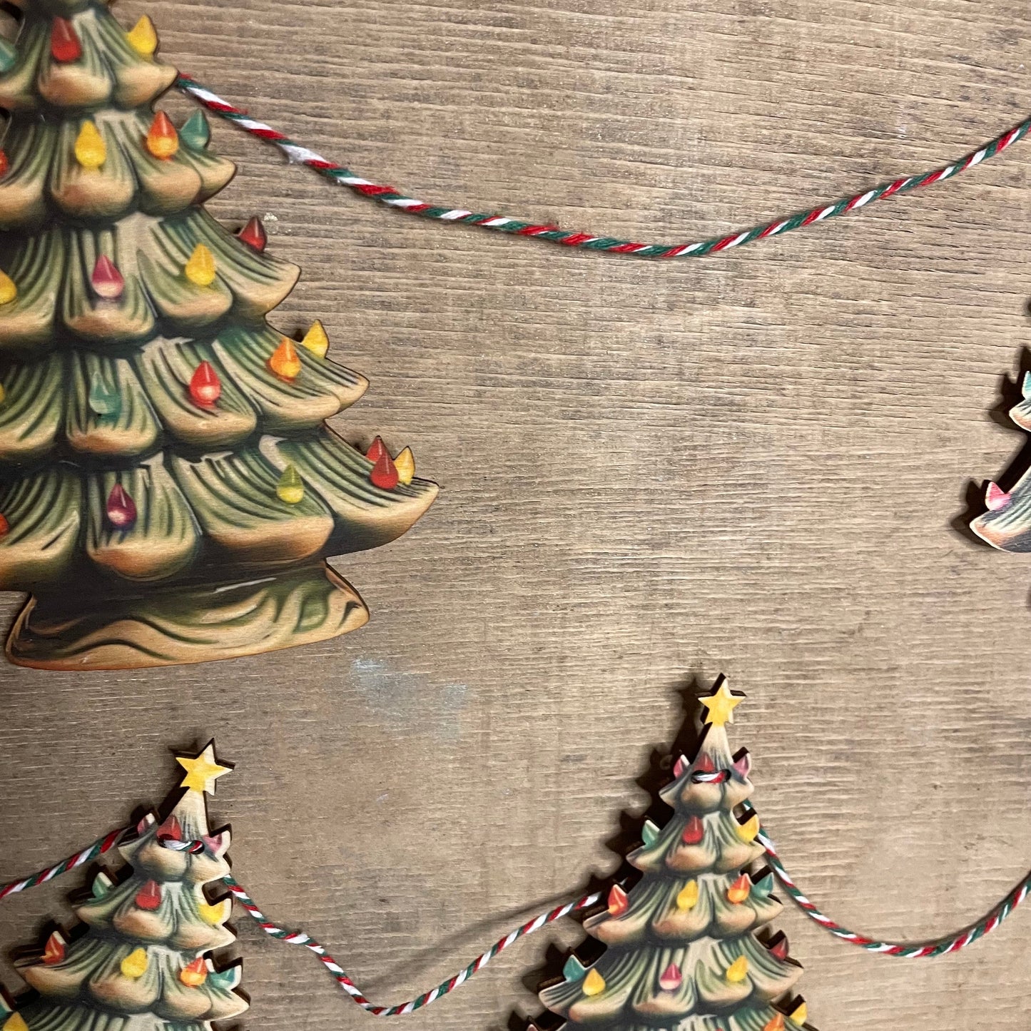 Christmas Vintage bunting wooden Garland Decoration ceramic style tree, retro, kitsch, reindeer, handmade wooden laser cut