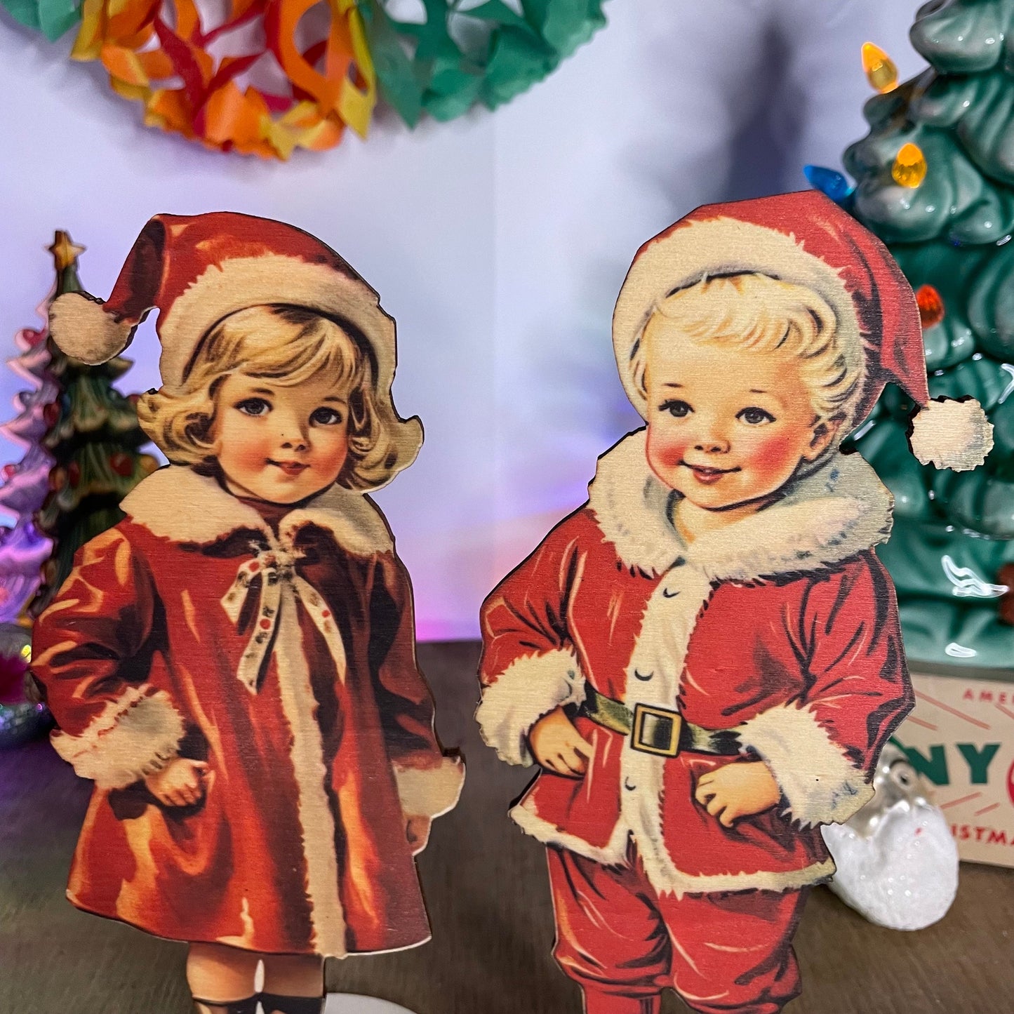 Vintage Christmas Decoration santa boy and girl  wooden ornament, holiday decor, christmas decor laser cut unique Christmas