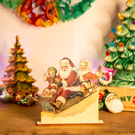 Retro Christmas Santa on a Sleigh Decoration wooden ornament, holiday decor, christmas decor laser cut unique Christmas
