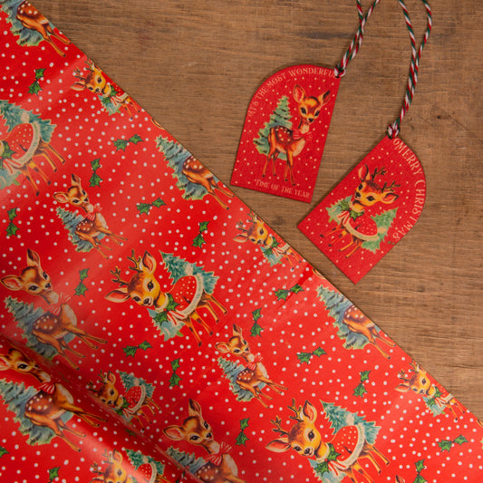 Christmas Gift wrap Vintage Deer , fawn, kitsch, Santa handmade