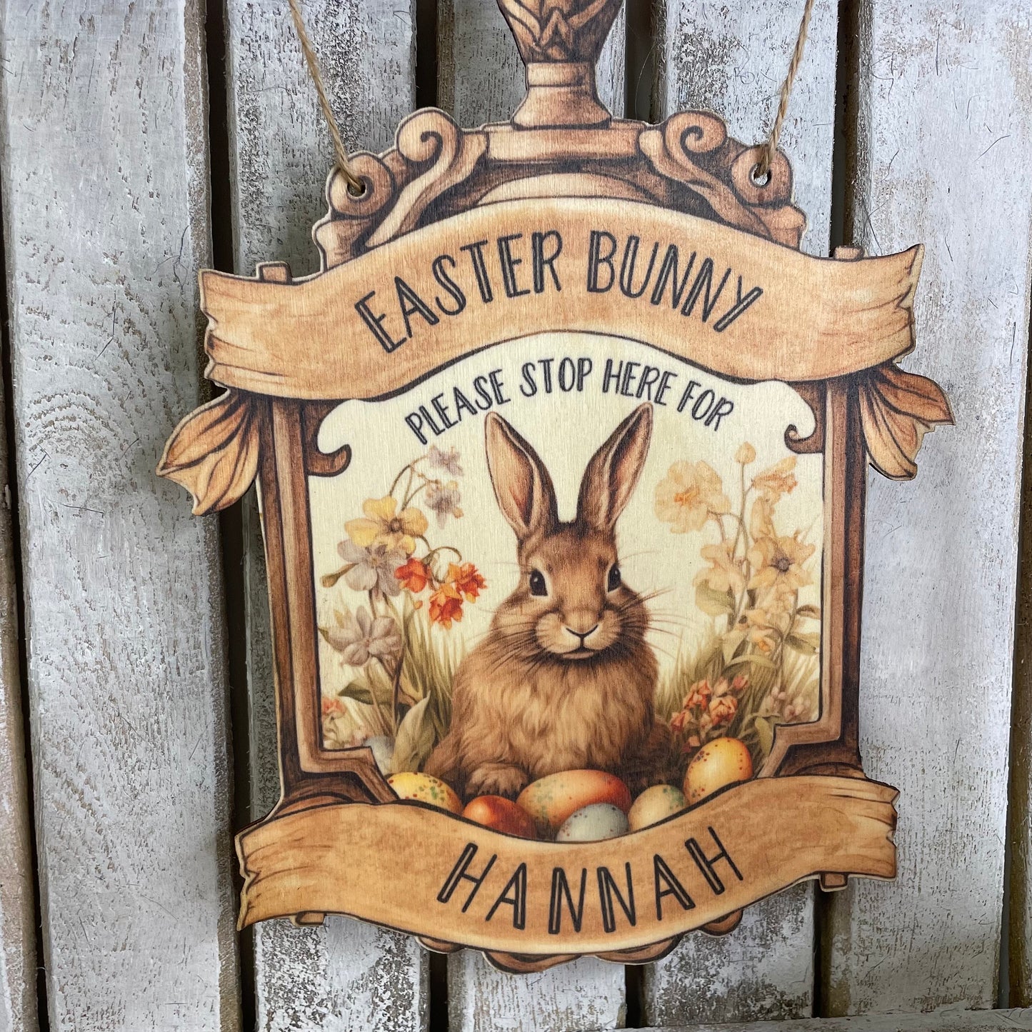 Personalised Easter bunny stop here hanging sign, easter gift, handmade easter, vintage style easter,