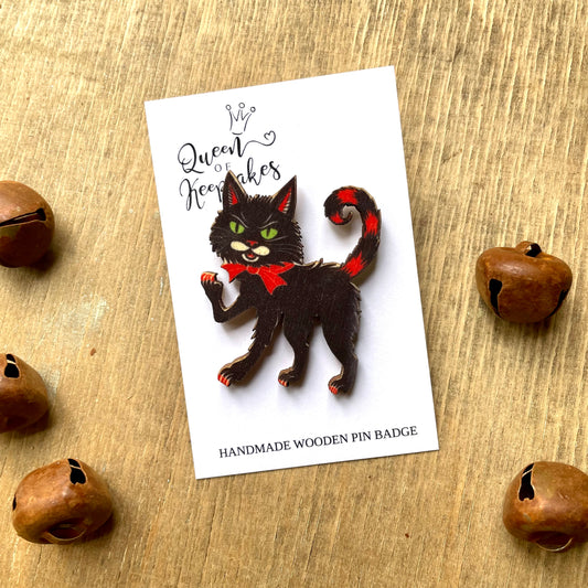 Halloween cat Wooden  Pin Badge