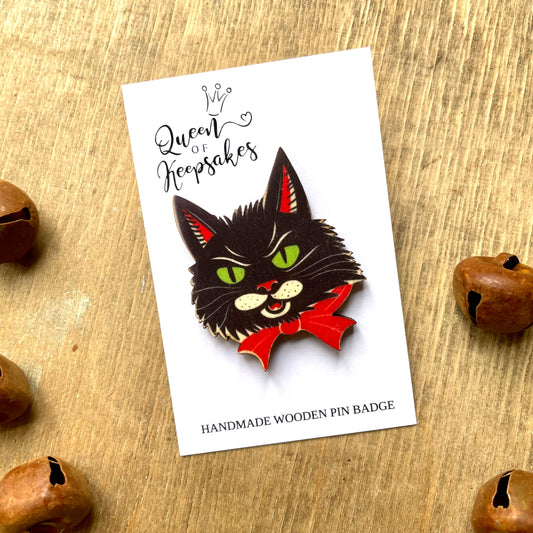 Halloween cat Wooden  Pin Badge