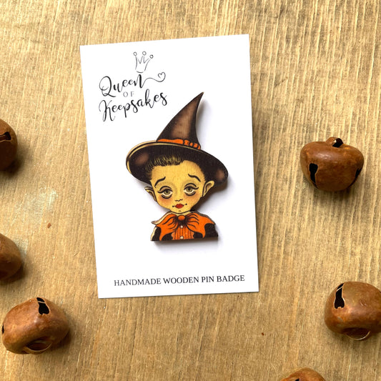 Halloween wizard boy Wooden  Pin Badge