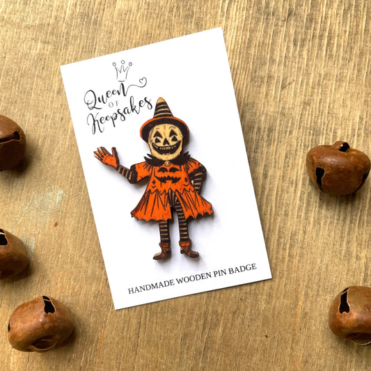 Halloween Pumpkin man 002 Wooden  Pin Badge