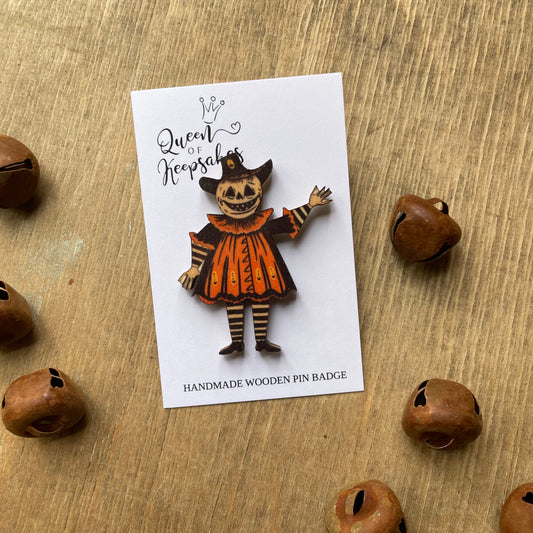 Halloween Pumpkin man 003 Wooden  Pin Badge