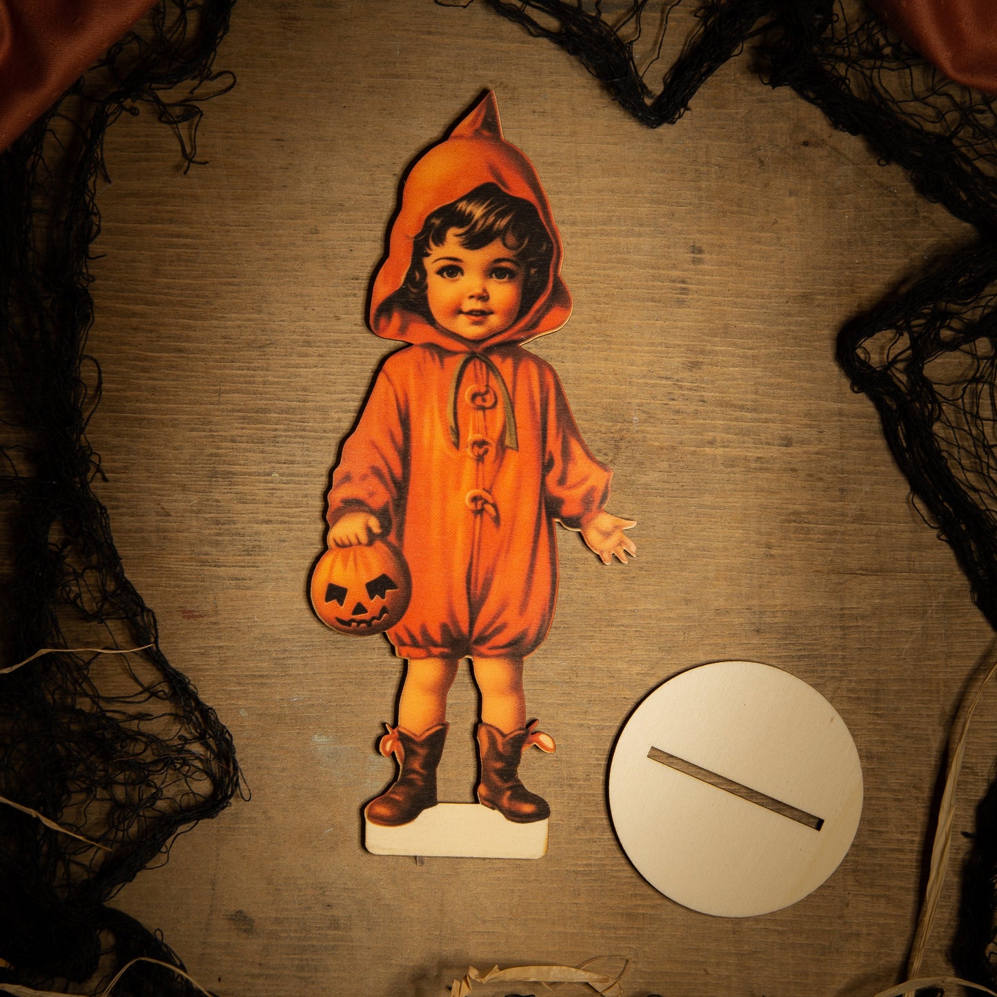 Wooden Halloween Decoration boy with Pumpkin Standee, Shelf Sitter