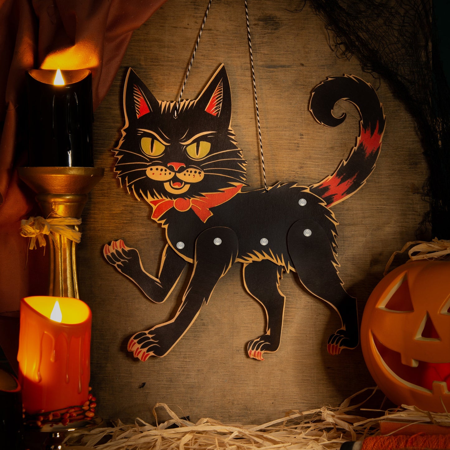 Halloween Woodnen Jointed cat Hanging Decoration