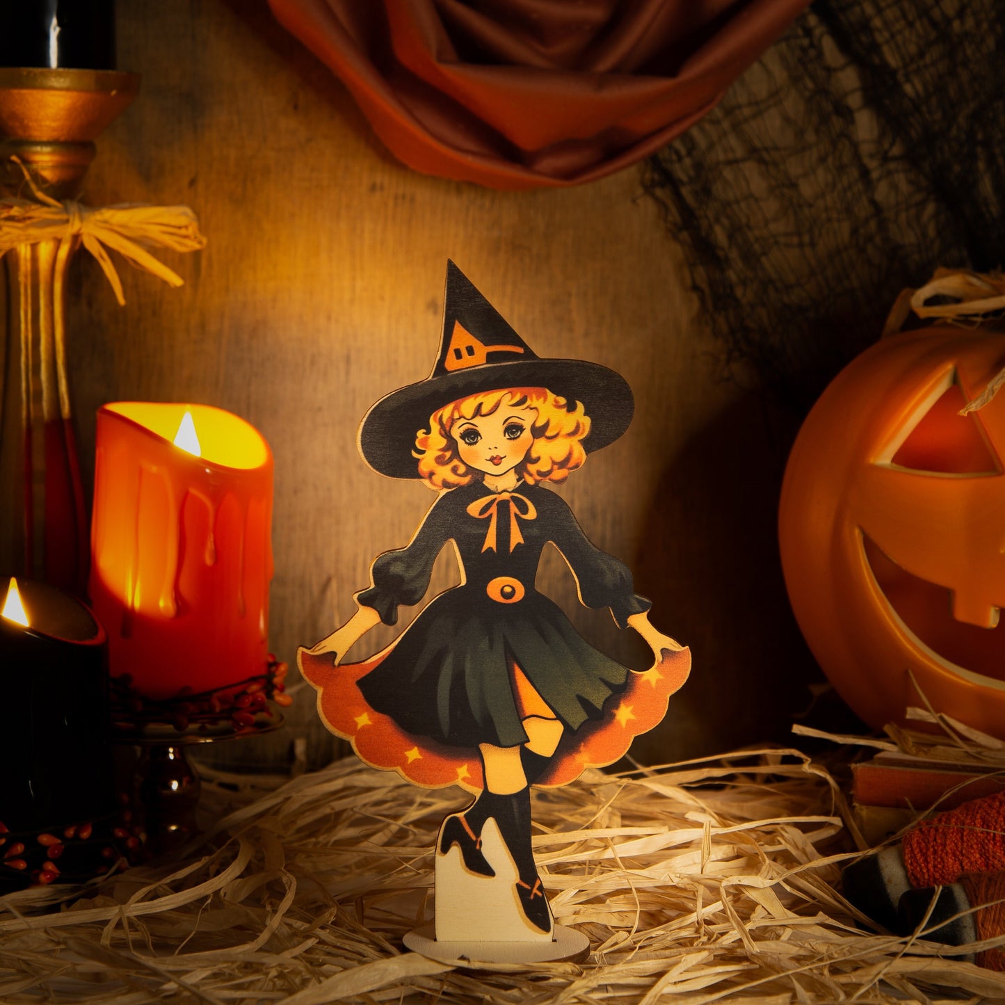 Wooden Halloween Decoration Witch Standee, Shelf sitter