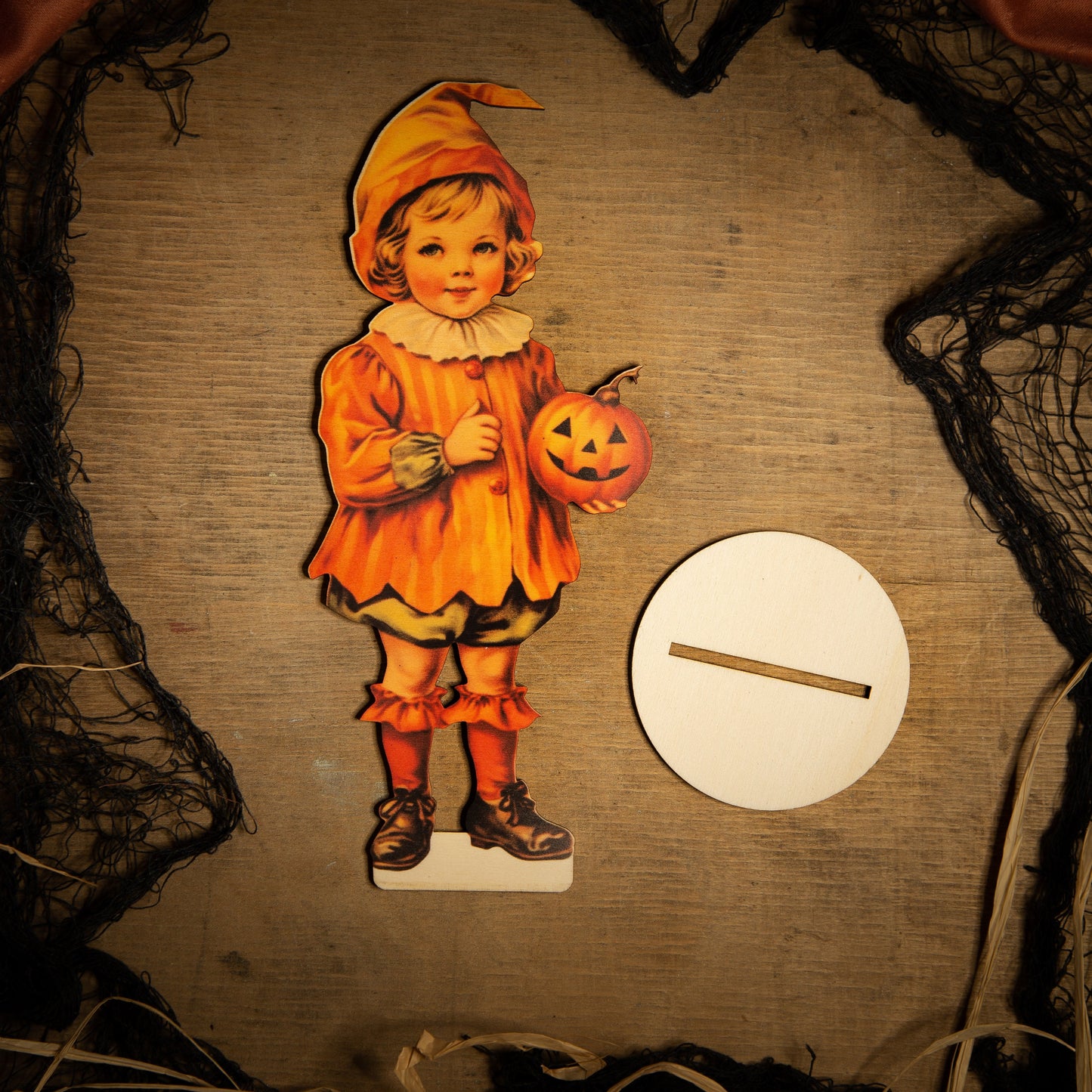 Wooden Halloween Decoration boy with Pumpkin Standee Shelf Sitter